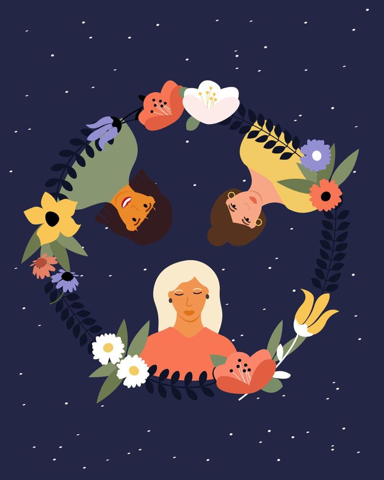 drie vrouwen van verschillende nationaliteiten strijden voor gelijkheid tegen de achtergrond van de sterrenhemel van het universum. vrouwen, nationale vrouwendag, 8 maart. platte vectorillustratie vector