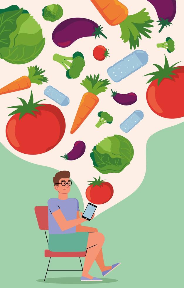 man met smartphone online dieet vector