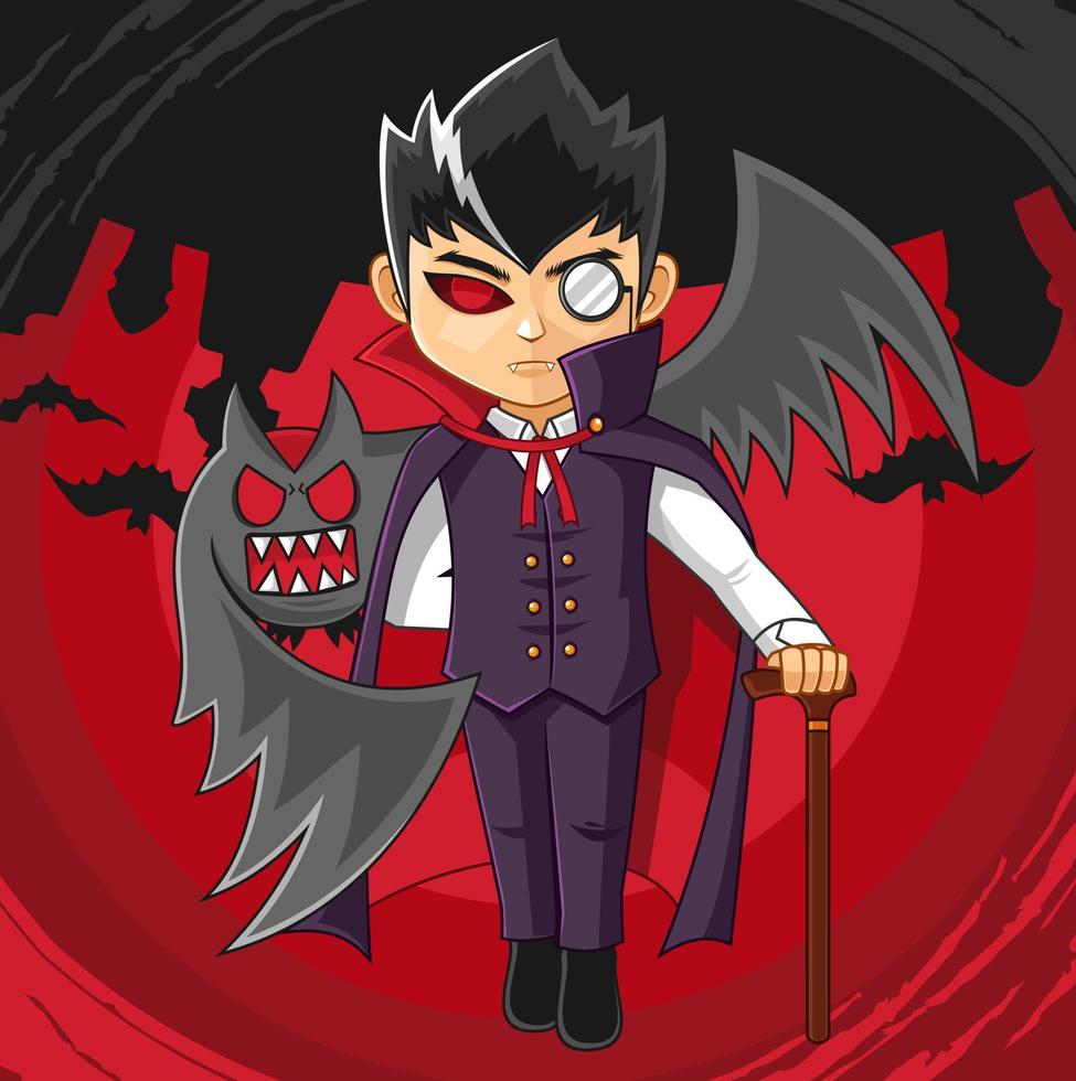 coole dracula rode mantel met donkere vleermuis. halloween vector