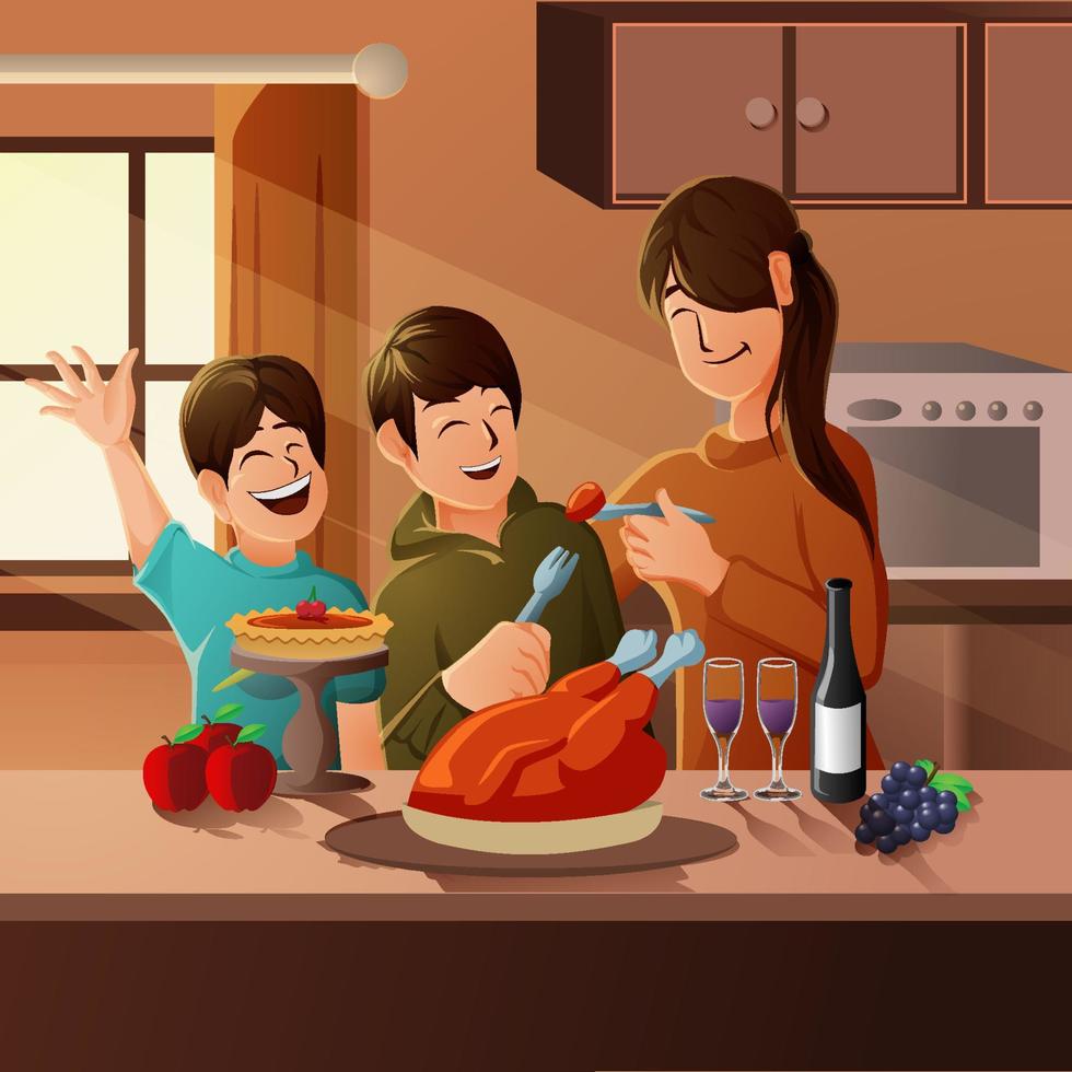 gelukkige moeder en kinderen vieren Thanksgiving vector