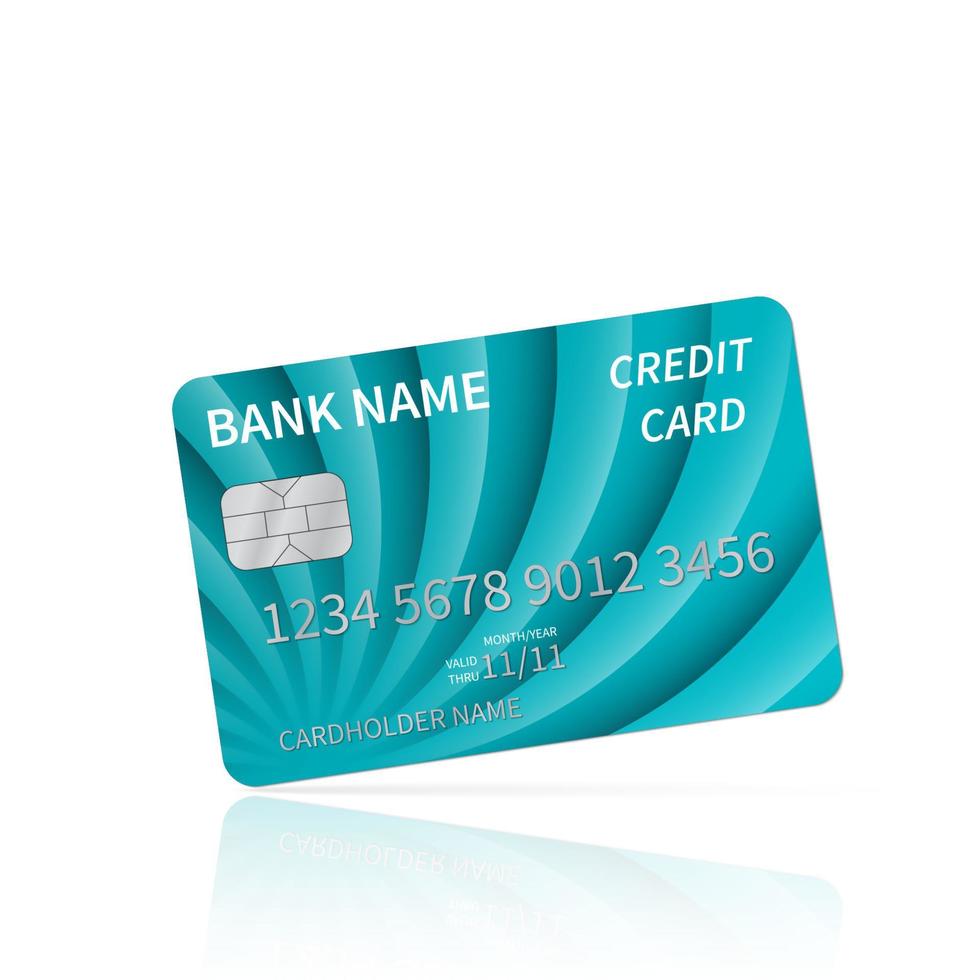 glanzende blauwe creditcard met reflectie op wit wordt geïsoleerd. gedetailleerde plastic kaart met symbolen in reliëf in zilver. winkel- en e-commerceconcept. gemakkelijk te bewerken vectorsjabloon vector