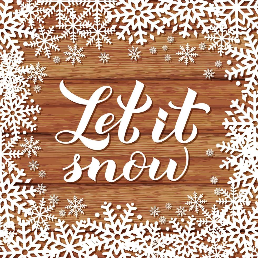laten we sneeuwkalligrafie hand belettering op hout achtergrond met sneeuwvlokken. kerst, nieuwjaar en wintervakantie typografie poster. vector sjabloon voor wenskaart, banner, flyer, briefkaart.