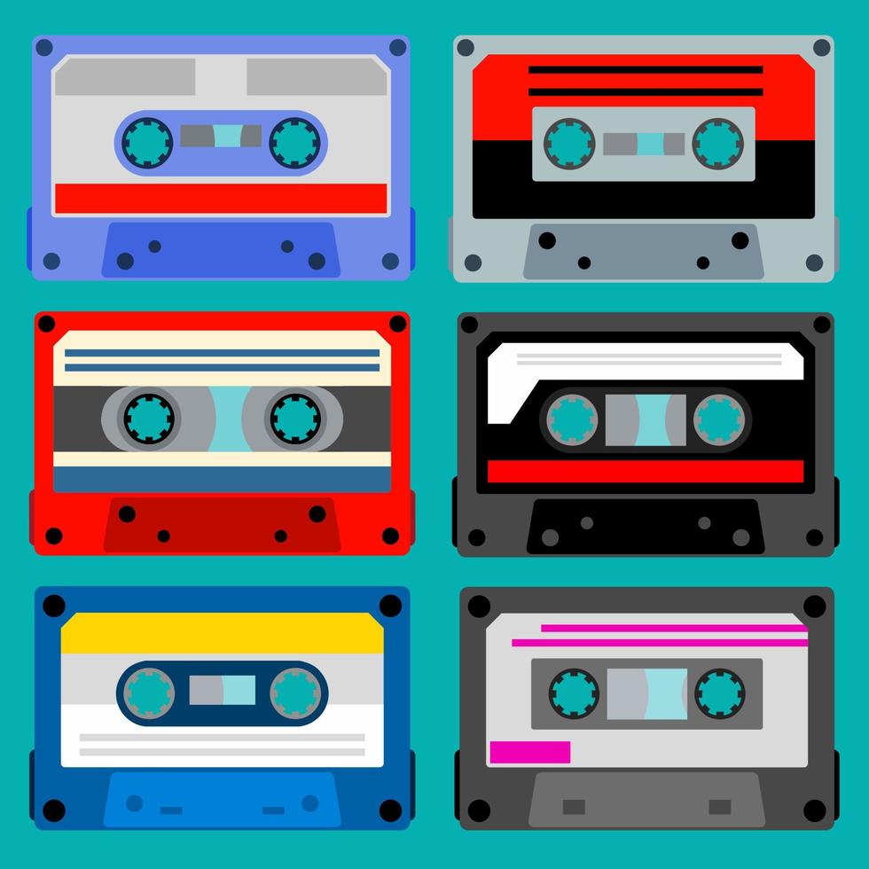 vintage cassettebandje. retro mixtape-collectie, popsongbanden uit de jaren 80 en stereomuziekcassettes. jaren 90 hifi disco dance audiocassette, analoge speler platencassette. vector illustratie