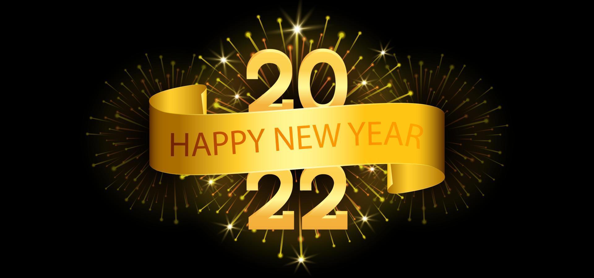 illustratie gelukkig nieuwjaar 2022 met gouden nummer, lint en vuurwerk op zwarte achtergrond vector