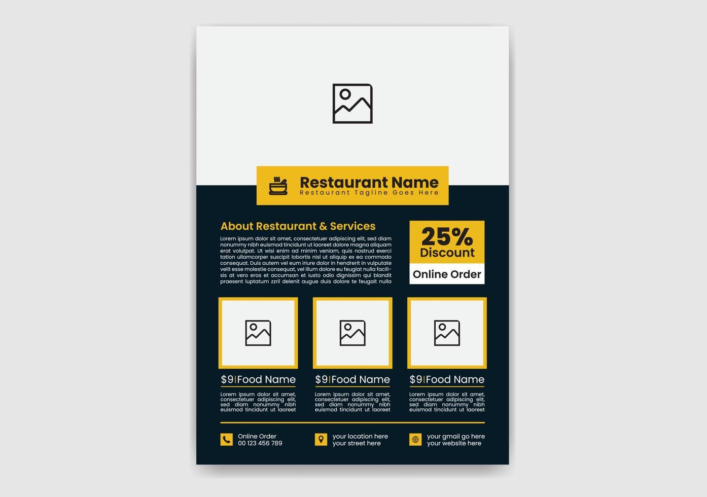 zwart en oranje kleur modern, creatief, opvallend en professioneel restaurant eten flyer sjabloonontwerp met rechthoekige lay-out vector