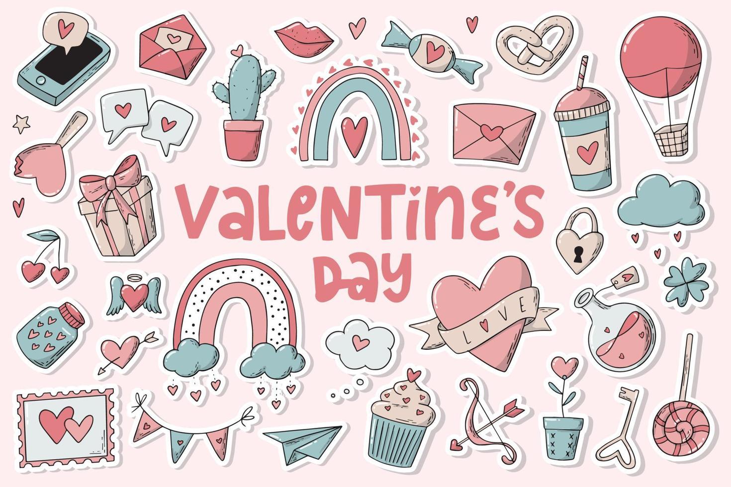 set van 32 Valentijnsdag stickers met witte rand geïsoleerd op roze achtergrond. goed voor posters, kaarten, prenten, tags, borden, clipart, enz. eps 10 vector