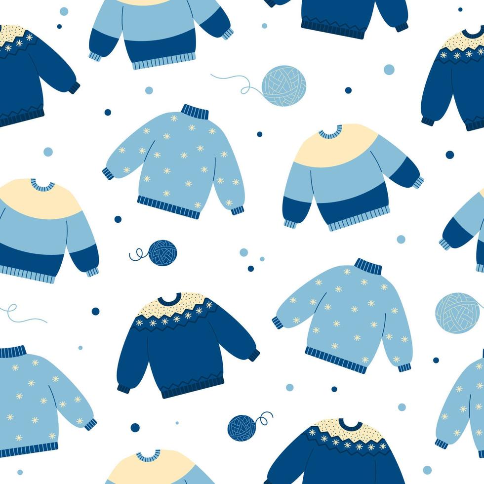 naadloze patroon van warme truien in blauwe kleuren op een witte achtergrond. winter of herfst kleding achtergrond. doodle stijl vector