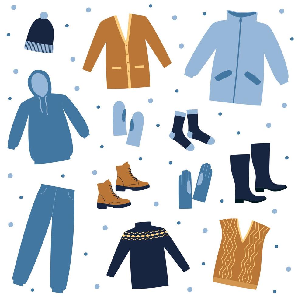 set winterkleren. trui, laarzen, sokken, vest, vest, jas, muts, broek en capuchon. doodle stijl. vector