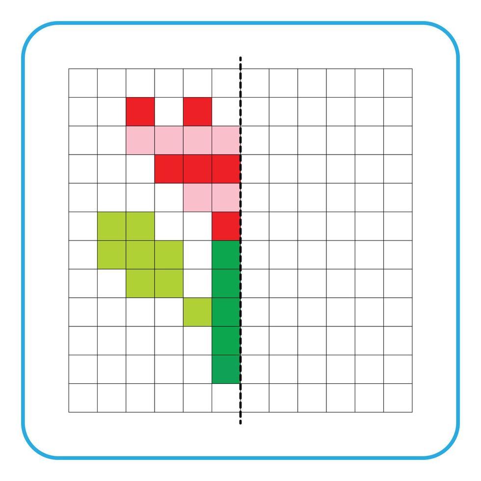 foto reflectie educatief spel voor kinderen. leer symmetrie-werkbladen voor voorschoolse activiteiten in te vullen. kleurrasterpagina's, visuele waarneming en pixelart. maak het bloemplantbeeld compleet. vector