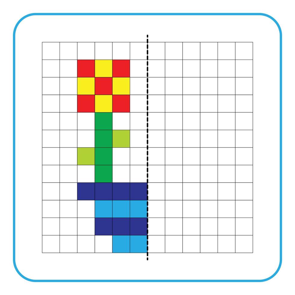 foto reflectie educatief spel voor kinderen. leer symmetrische werkbladen voor voorschoolse activiteiten in te vullen. kleurrasterpagina's, visuele waarneming en pixelart. bloemen in potten afwerken. vector