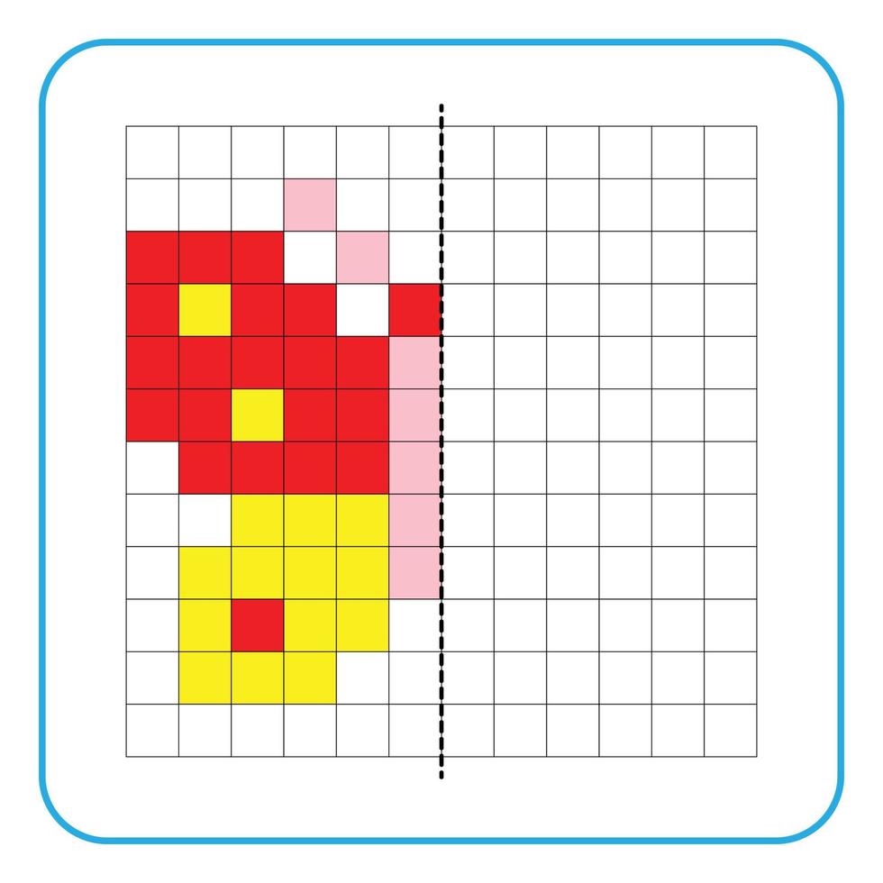 foto reflectie educatief spel voor kinderen. leer symmetrie-werkbladen voor voorschoolse activiteiten in te vullen. kleurrasterpagina's, visuele waarneming en pixelart. maak het vlinderbeeld compleet. vector