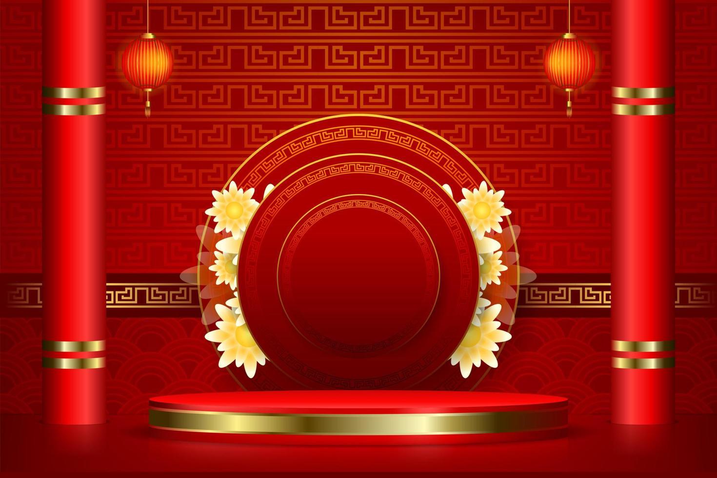 3d illustratie van podium met Chinese lantaarn op gelukkig Chinees Nieuwjaarconcept vector
