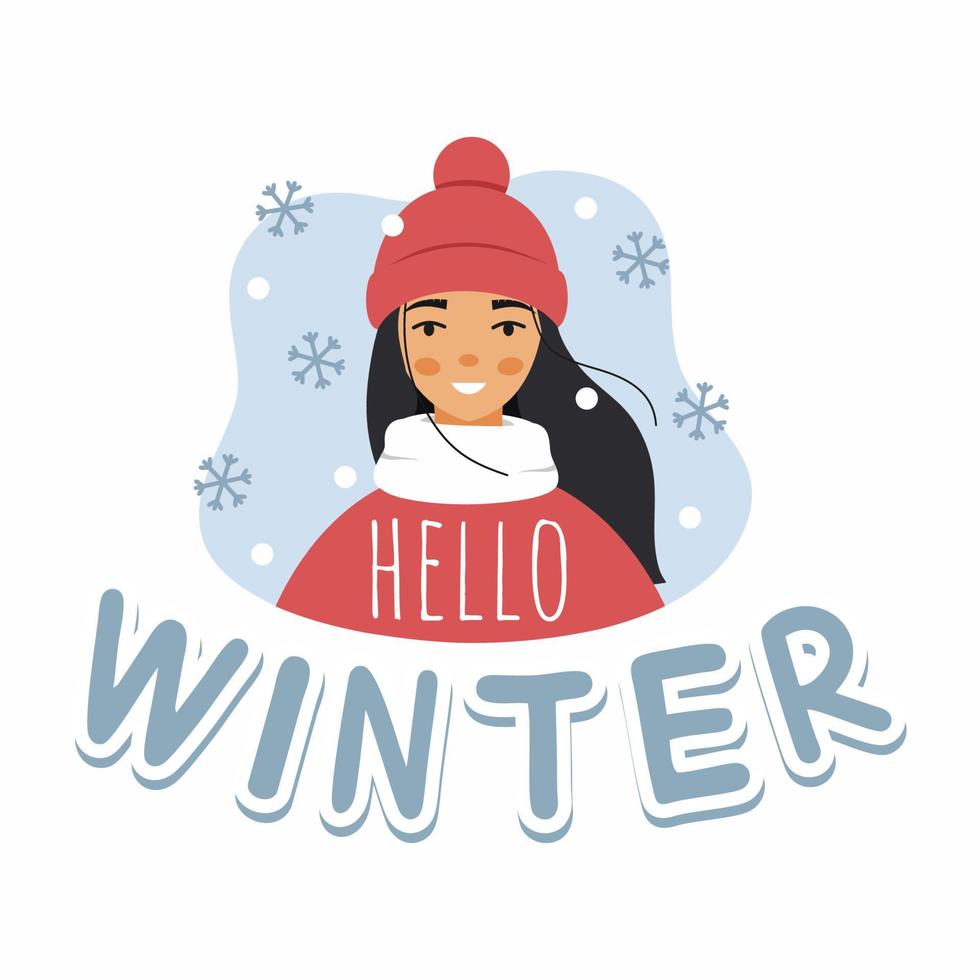 belettering hallo winter. schattig meisje in hoed en jas. sneeuw en sneeuwvlokken. vectorillustratie in cartoon-stijl. ontwerp ansichtkaart. vector