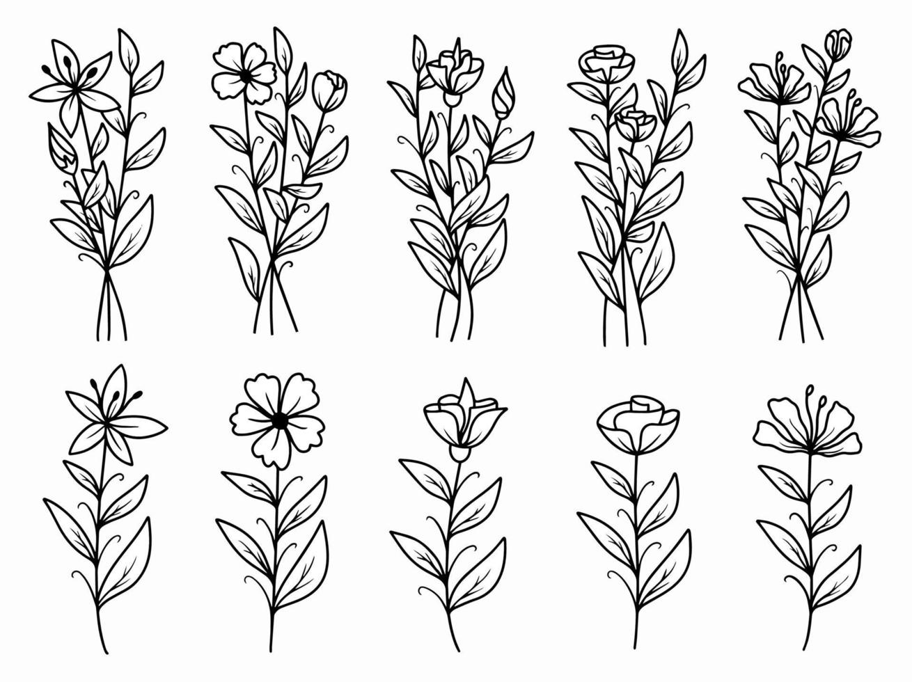 set van botanisch blad met handgetekende lijnkunstbloem vector