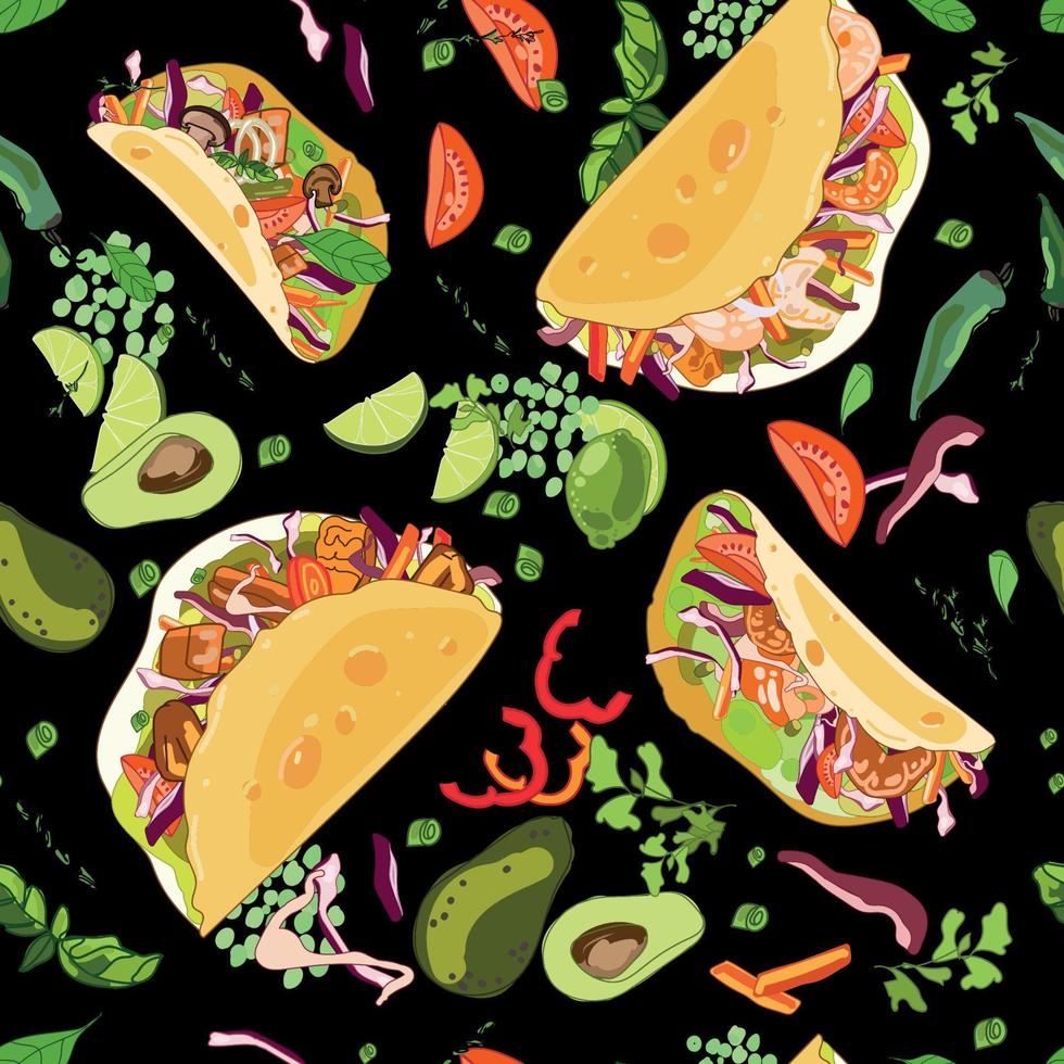 sandwich bagels met verschillende vullingen. zalm, avocado, ei en groenten in cartoon-stijl op een zwarte achtergrond. naadloze achtergrond. vector illustratie