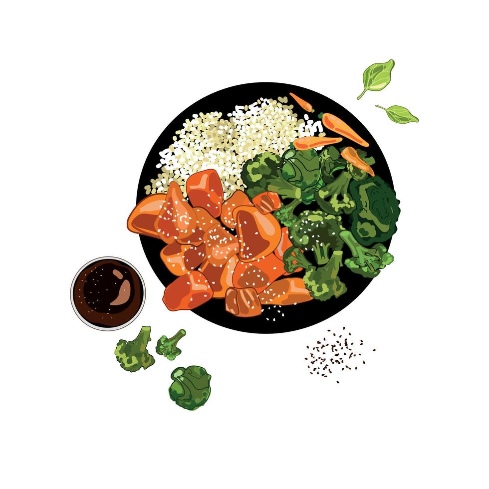 stukjes kipfilet met rijstkom en broccoli, jonge wortelen in saus getekend in een realistische cartoon-stijl geïsoleerd op een witte background.chicken teriyaki bowl. gezonde voeding, vectorillustratie vector