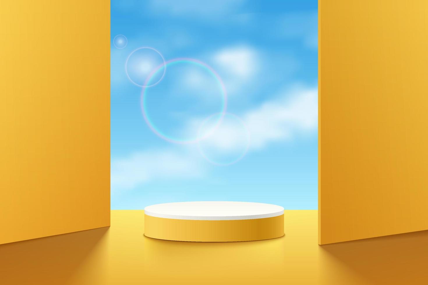 realistische gele 3d cilinder sokkel podium met wolken blauwe lucht in vierkanten achtergrond. minimale scène voor productenshowcase, promotievertoning. vector abstracte studio kamer geometrische platform ontwerp.