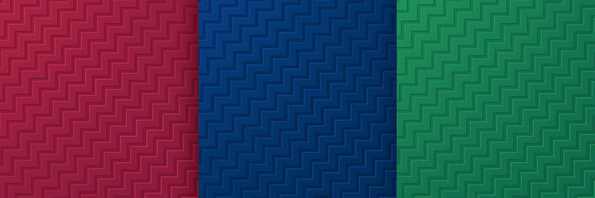set van 3D-gekartelde lijnen textuur op donker rode, blauwe en groene achtergrond. verzameling moderne zigzaglijnsjablonen in trendy kleurontwerp. minimale golvende lijn patroon achtergrond. vector illustratie