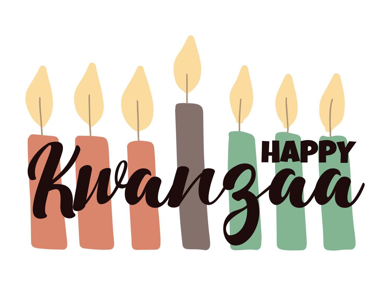 happy kwanzaa - wenskaart met scriptletters en met de hand getekende eenvoudige kinara-kaarsen. afro-amerikaanse erfgoed viering festival banner vector