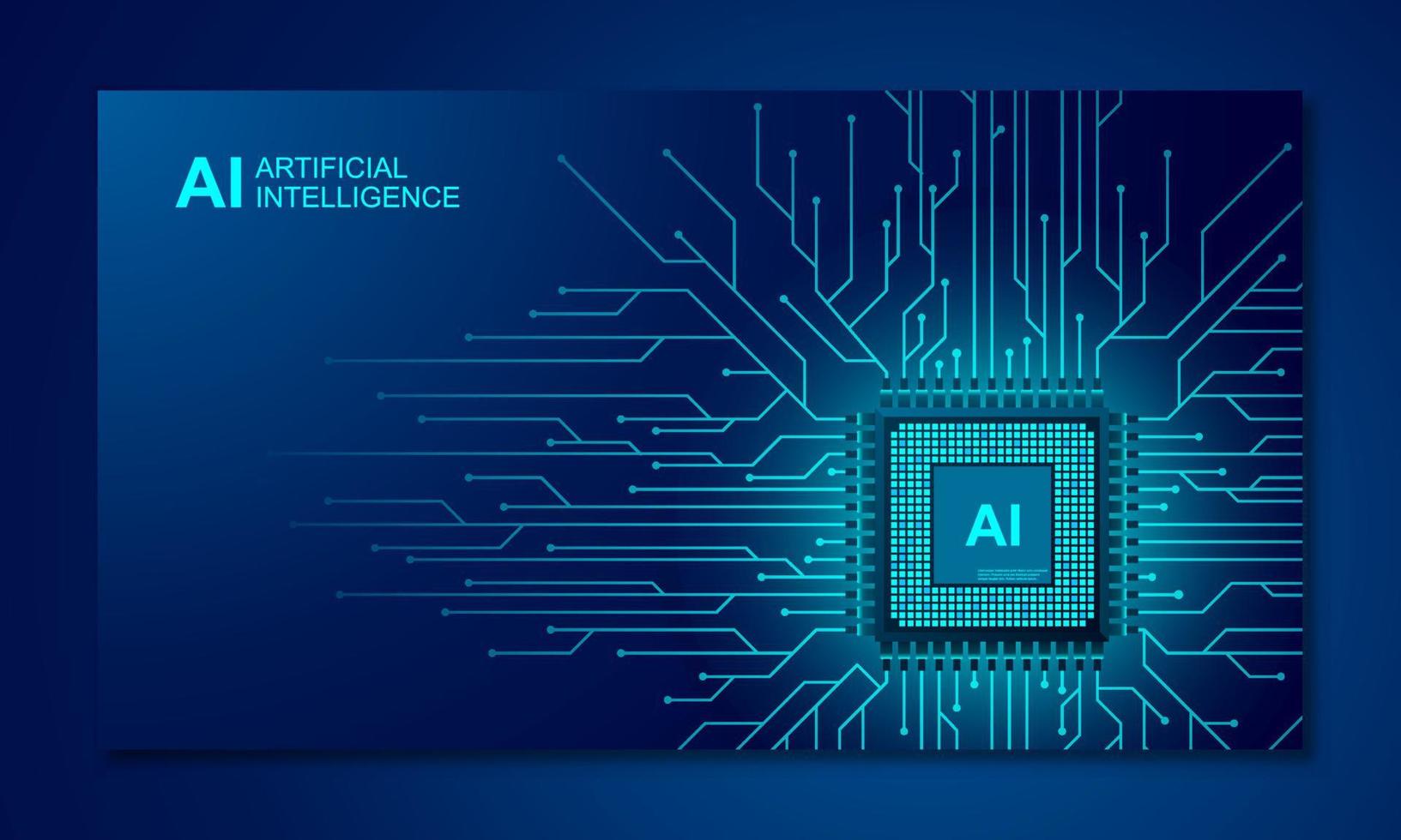 kunstmatige intelligentie webbanner. 3d isometrische illustratie van een processorchip. het proces van gegevensverwerking. ontwikkelingen in moderne technologieën. microschakelingen op neon gloeiende achtergrond vector