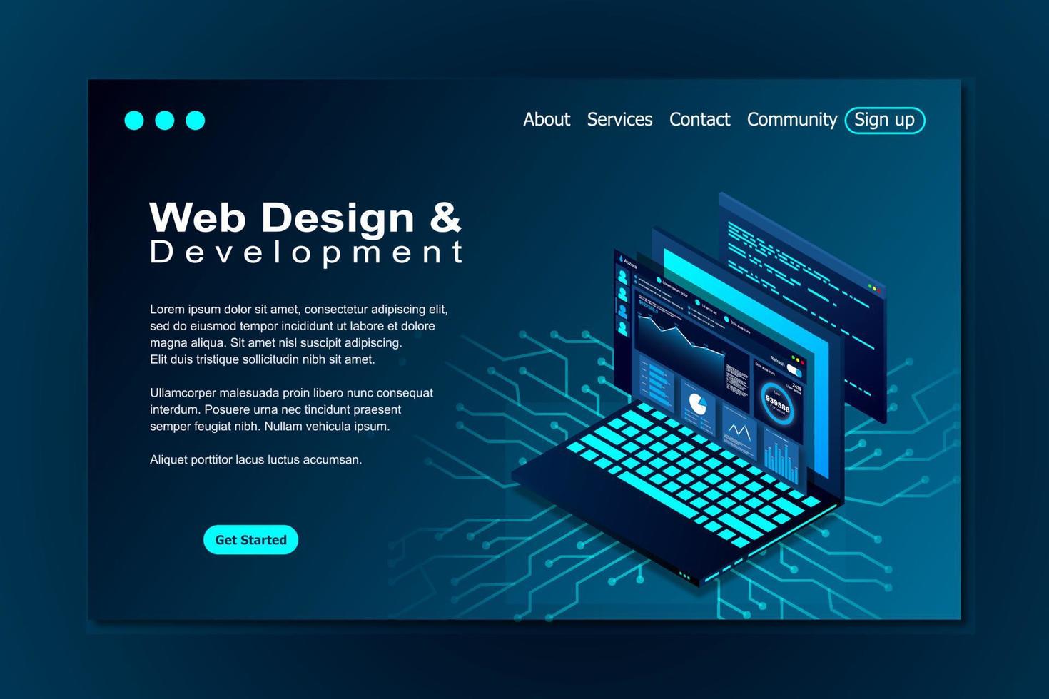 webdesign en ontwikkeling isometrische vectorillustraties. webdesign ontwikkelingsconcept programmeertaal programmacode big data verwerking op laptop scherm. vector illustratie