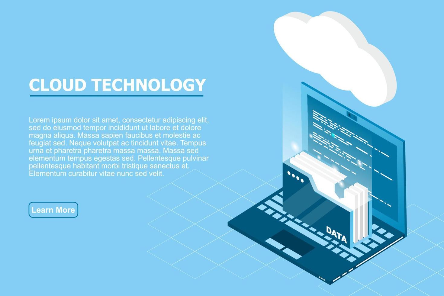 isometrische cloudtechnologie met mapgegevens en laptop. cloudtechnologie computing-concept. vector illustratie