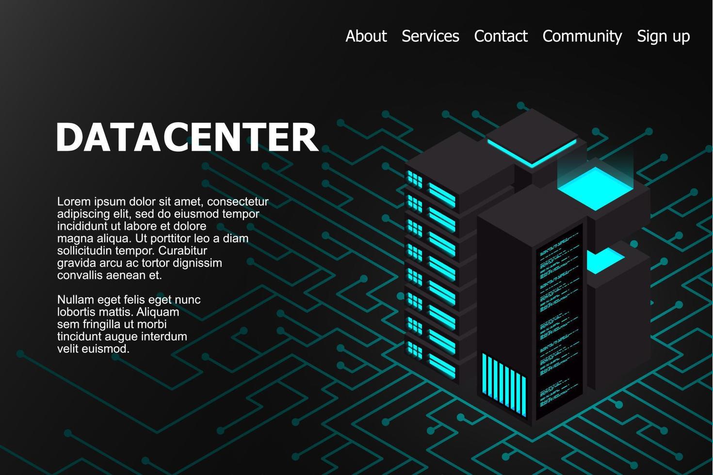 concept van big data verwerkingscentrum. isometrisch datacenter. isometrische servers vector ontwerp. datacentrum. hosting server of datacenter kamer concept. vector illustratie