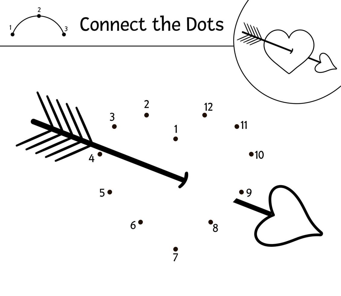 vector heilige valentijn dag punt-naar-punt en kleur activiteit met schattig hart met pijl. vakantie verbind de stippen spel voor kinderen met liefdesthema. grappige kleurplaat voor kinderen.