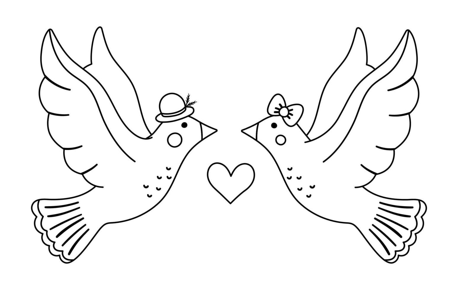vector schattig zwart-wit duiven paar. liefdevolle paar illustratie. liefdesrelatie of familieconcept. romantische vogels geïsoleerd op een witte achtergrond. grappige valentijnsdag lijn tekens.