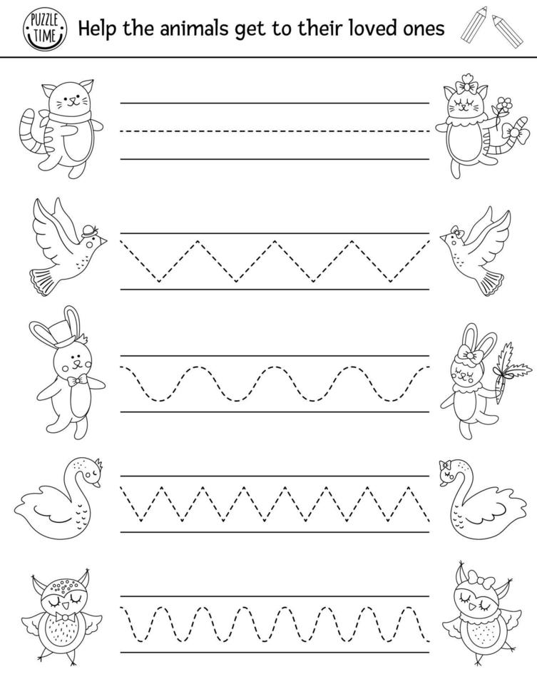 vector heilige valentijn handschrift praktijk werkblad. februari afdrukbare zwart-wit activiteit voor kleuters. educatief traceerspel voor schrijfvaardigheid met schattige dierenparen