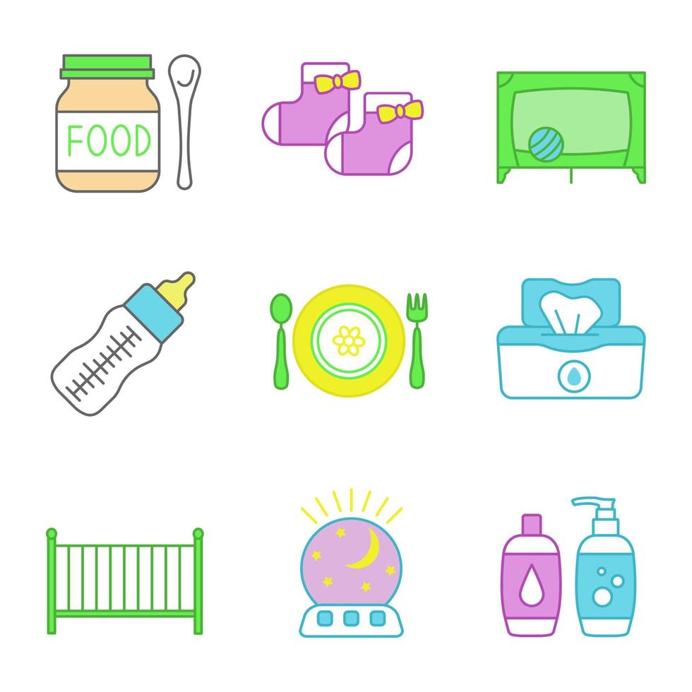 kinderopvang gekleurde pictogrammen instellen. babyvoeding, sokken, box, zuigfles, servies, vochtige doekjes, ledikant, nachtlampje, shampoo en zeep. geïsoleerde vectorillustraties vector