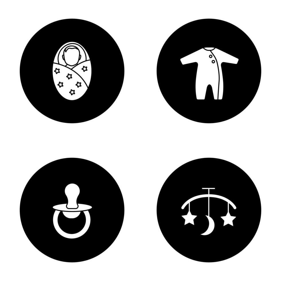 kinderopvang glyph pictogrammen instellen. ingebakerde baby, romper, fopspeen, bedcarrousel. vector witte silhouetten illustraties in zwarte cirkels