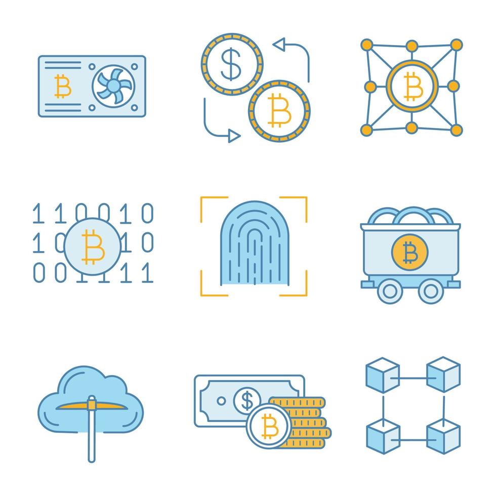 bitcoin cryptocurrency gekleurde pictogrammen instellen. grafische kaart, bitcoin-uitwisseling, binaire code, vingerafdrukscan, mijnkar, cloudmining, geld, blockchain, fintech. geïsoleerde vectorillustraties vector