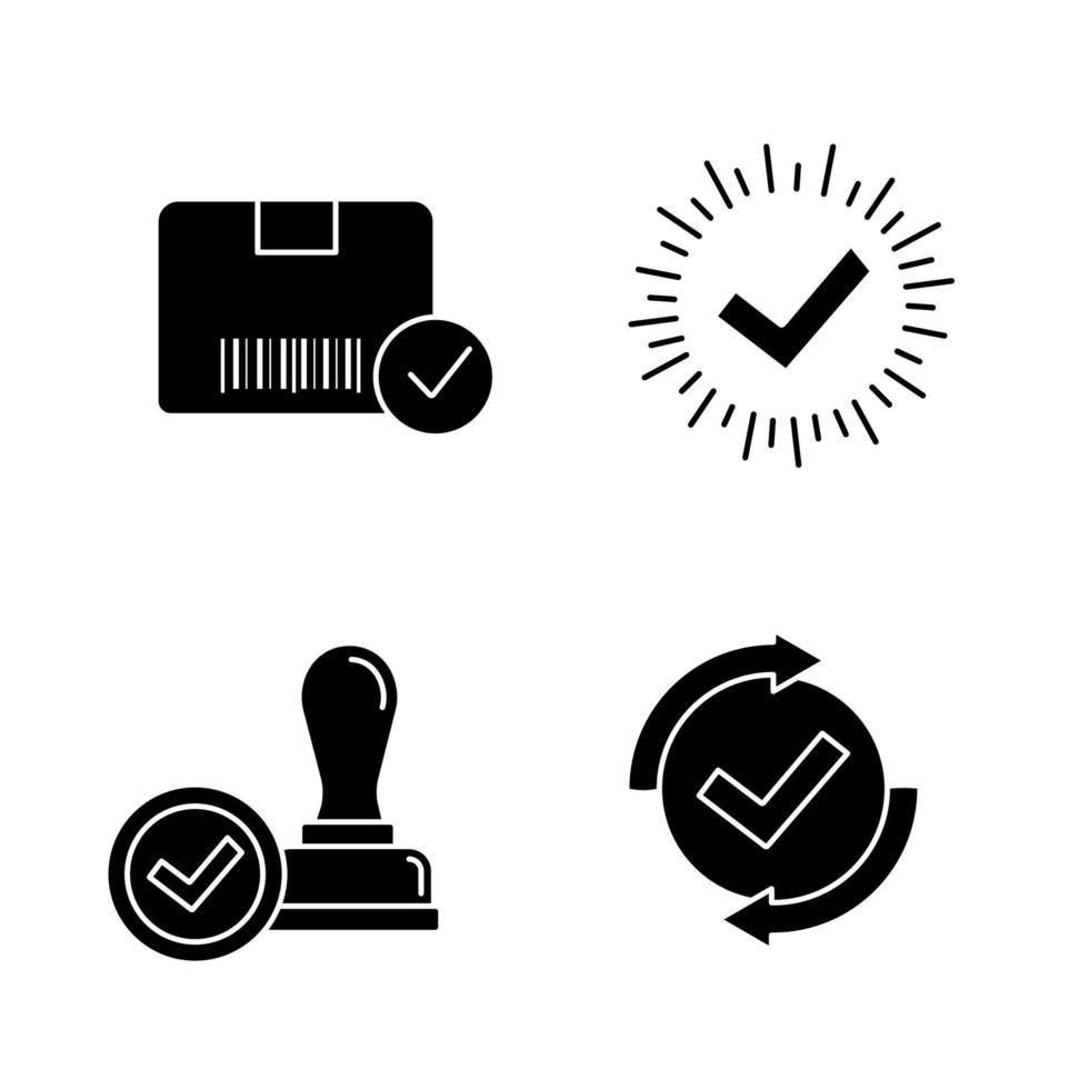 goedkeuren glyph pictogrammen instellen. verificatie en validatie. goedgekeurde levering, vinkje, stempel van goedkeuring, controleproces. silhouet symbolen. vector geïsoleerde illustratie