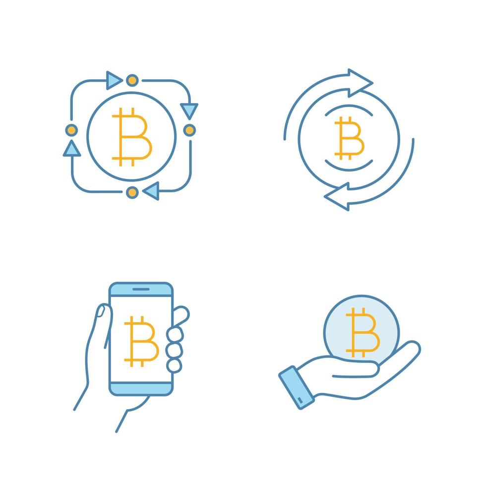 bitcoin cryptocurrency gekleurde pictogrammen instellen. fintech, bitcoin restitutie, digitale portemonnee, munt in de hand. geïsoleerde vectorillustraties vector