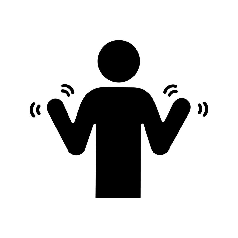 handen tremor glyph pictogram. ziekte van Parkinson. trillende handen. angst tremor. spiertrekkingen. trillend. fysiologische stresssymptomen. silhouet symbool. negatieve ruimte. vector geïsoleerde illustratie