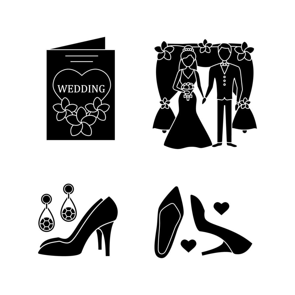 bruiloft planning glyph pictogrammen instellen. damesaccessoires, schoen met hoge hakken, huwelijksuitnodiging, bloemenboog. silhouet symbolen. vector geïsoleerde illustratie