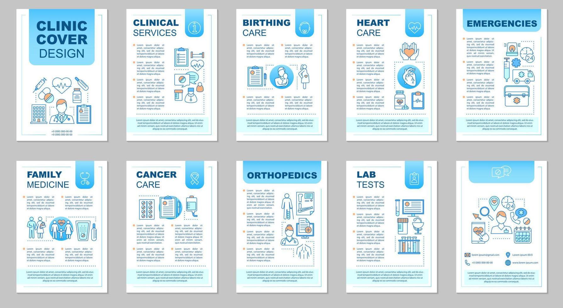 kliniek brochure sjabloon lay-out. geneeskunde en gezondheidszorg. flyer, boekje, folder printontwerp met lineaire illustraties. vectorpaginalay-outs voor tijdschriften, jaarverslagen, reclameposters vector