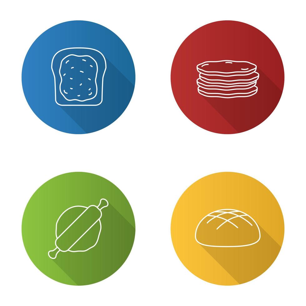 bakkerij vlakke lineaire lange schaduw iconen set. toast met jam, pannenkoekenstapel, deegroller en deeg, roggebrood. vector overzicht illustratie