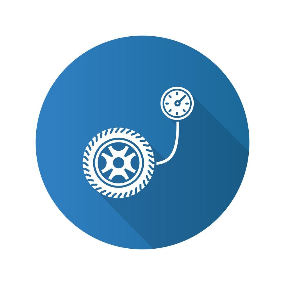 bandenspanningsmeter plat ontwerp lange schaduw glyph pictogram. vector silhouet illustratie