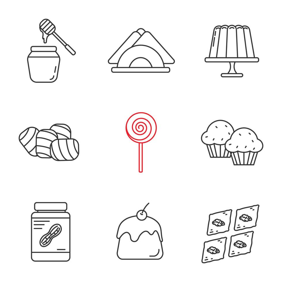 zoetwaren lineaire pictogrammen instellen. contour symbolen. honingpot, geleipudding, servetten, marshmallow, lolly, cupcakes, pindakaas, panna cotta, baklava. geïsoleerde vectoroverzichtsillustraties vector