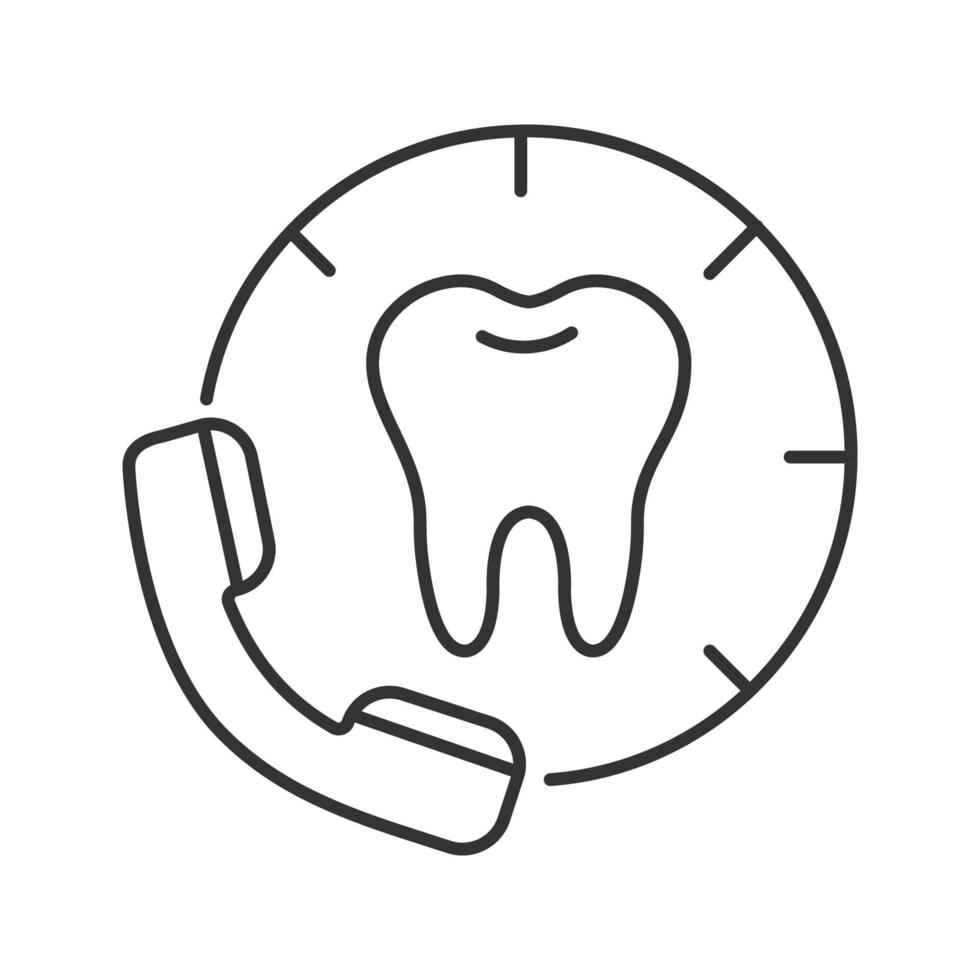 afspraak maken met tandarts lineaire pictogram. bellen naar tandheelkundige kliniek. dunne lijn illustratie. handset met tand. contour symbool. vector geïsoleerde tekening