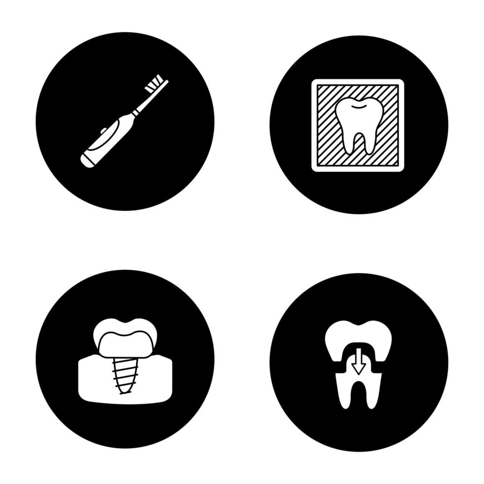 tandheelkunde glyph pictogrammen instellen. elektrische tandenborstel, tanden x-ray, stomatologisch implantaat, kroon. vector witte silhouetten illustraties in zwarte cirkels