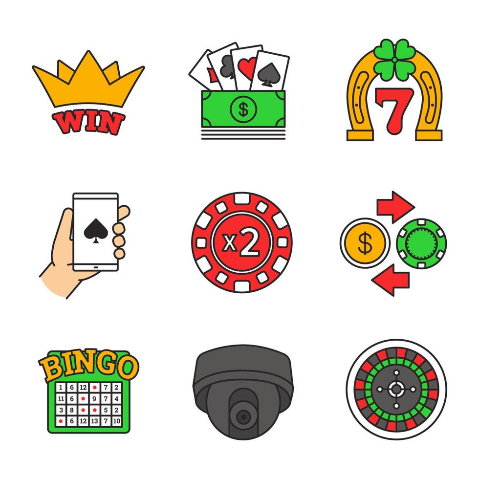 casino kleur pictogrammen instellen. winnaarskroon, casino voor echt geld, online poker, het wisselen van gokfiches, bewakingscamera, verdubbelen, bingo, roulette, lucky seven. geïsoleerde vectorillustraties vector