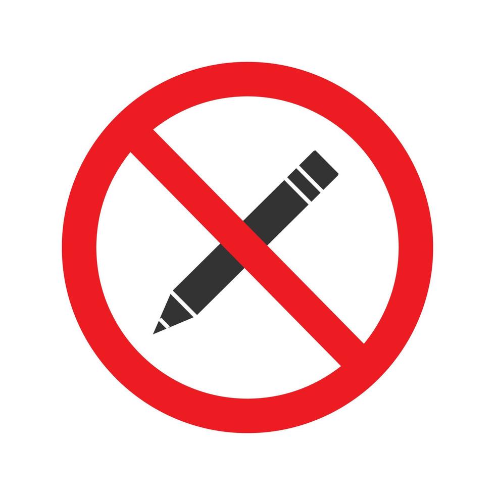 verboden bord met potlood glyph icoon. niet schrijven. geen bewerkingsverbod. stop silhouet symbool. negatieve ruimte. vector geïsoleerde illustratie