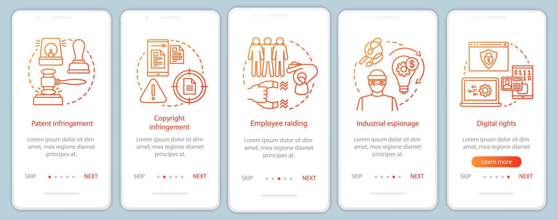 ethische kwesties aan boord van mobiele app-paginaschermvectorsjabloon. inbreuk op het auteursrecht, overvallen door werknemers. walkthrough website stappen met lineaire illustraties. ux, ui smartphone-interfaceconcept vector