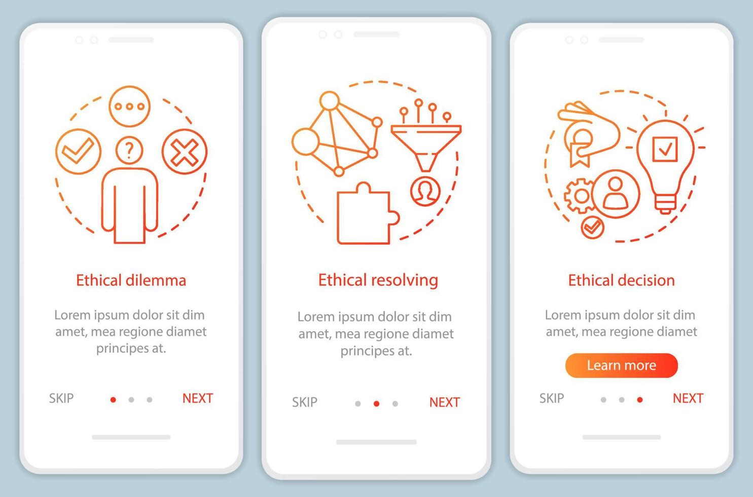 ethische oplossing voor onboarding mobiele app-paginaschermvectorsjabloon. ethisch dilemma, morele beslissing. walkthrough website stappen met lineaire illustraties. ux, ui, gui smartphone-interfaceconcept vector