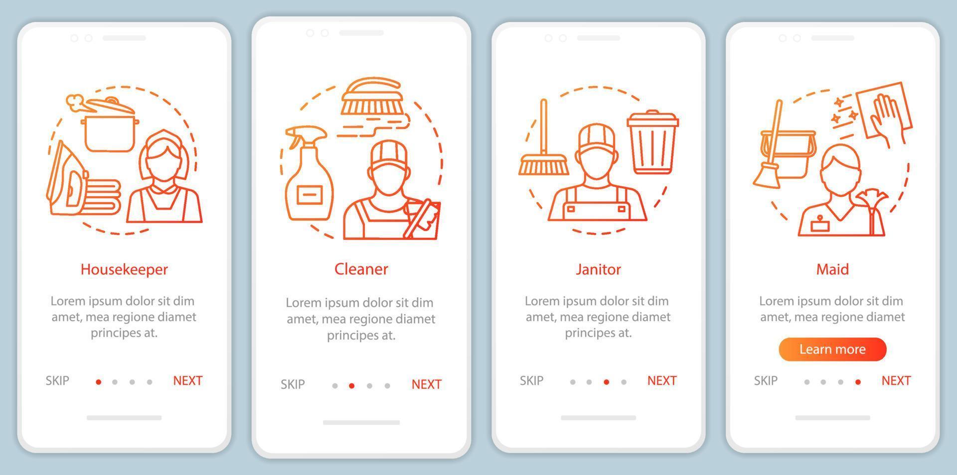 schoonmaakbureau personeel onboarding mobiele app paginascherm, lineaire concepten. schoonmaak bedrijf. vier doorloopstappen grafische instructies. huishoudster, conciërge. ux, ui, gui vector sjabloon, illustraties