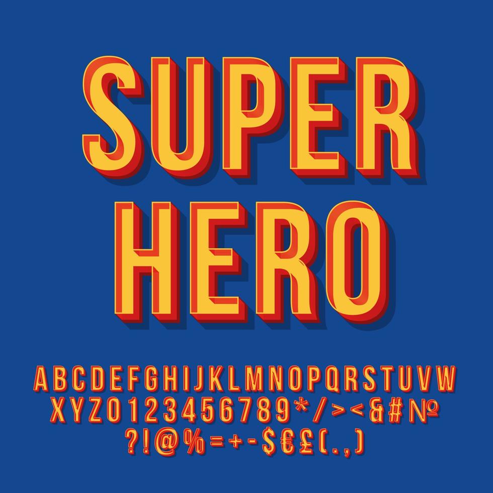 super held vintage 3D-vector belettering. retro vet lettertype. popart gestileerde tekst. old school stijl letters, cijfers, symbolen pack. jaren 90 poster, spandoek, t-shirt typografieontwerp. blauwe kleur achtergrond vector