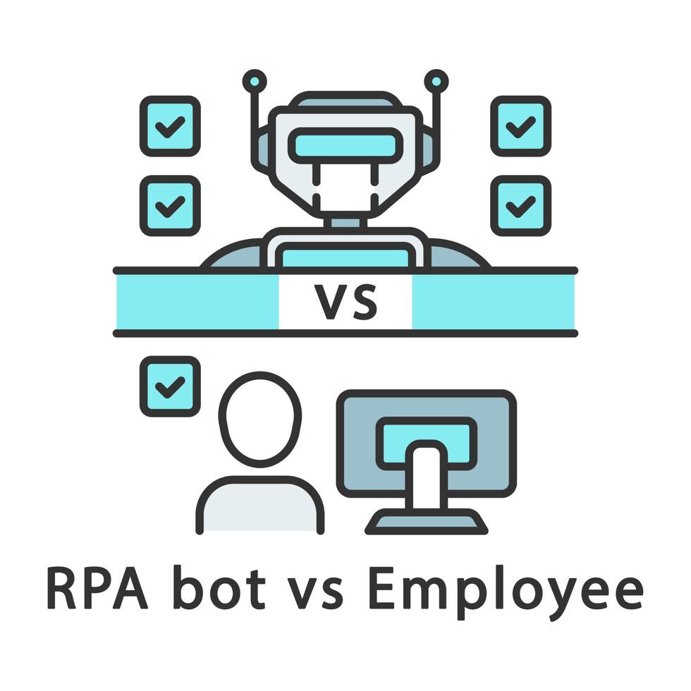rpa bot vs werknemer kleur icoon. voordelen van het gebruik van robots. moderne technologieën versus traditioneel werk. robotachtige procesautomatisering. geïsoleerde vectorillustratie vector
